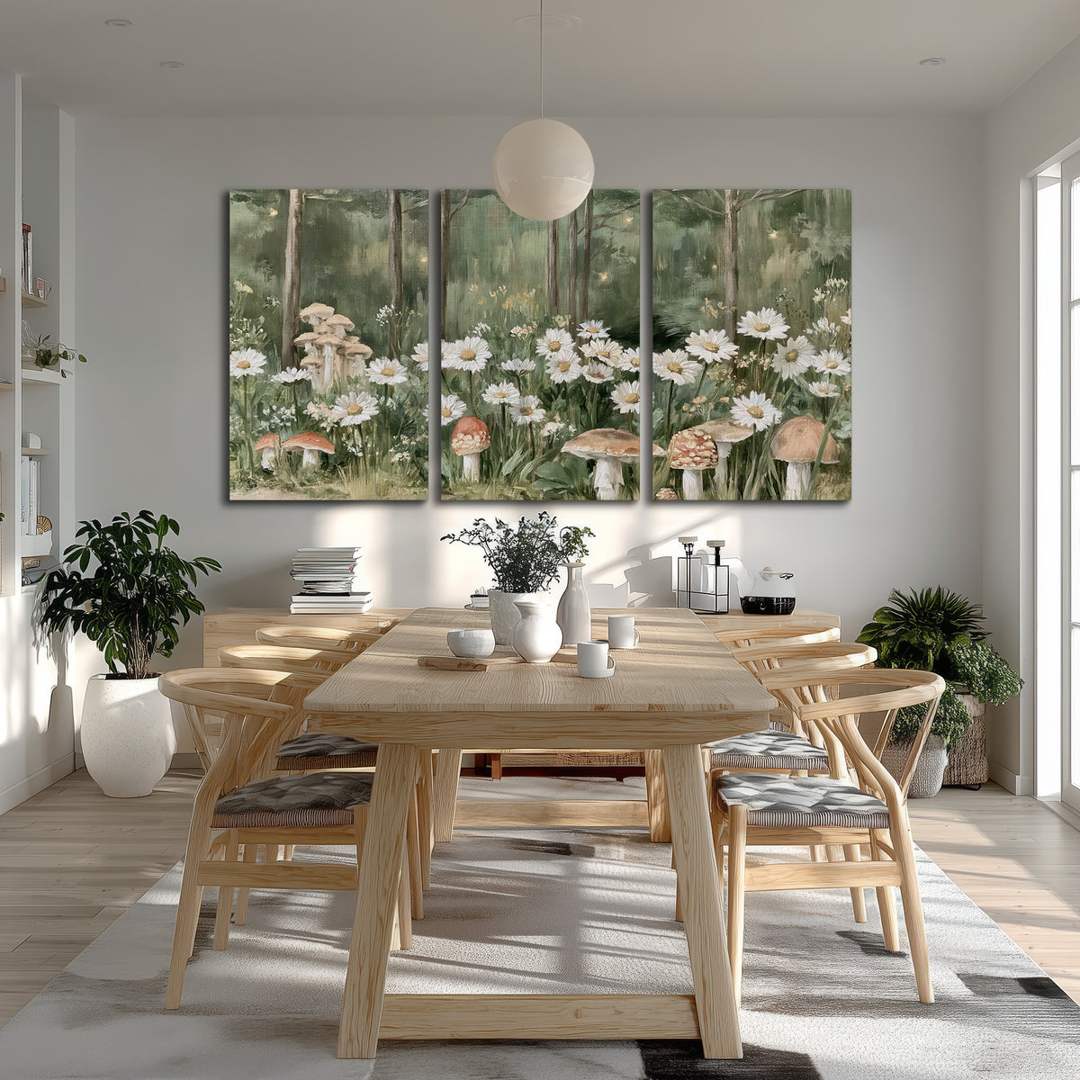 Pale pink mushrooms nestled among white daisies and tall green woodland grasses 3 piece canvas wall art room and product view