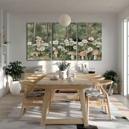 Pale pink mushrooms nestled among white daisies and tall green woodland grasses 3 piece canvas wall art room and product view