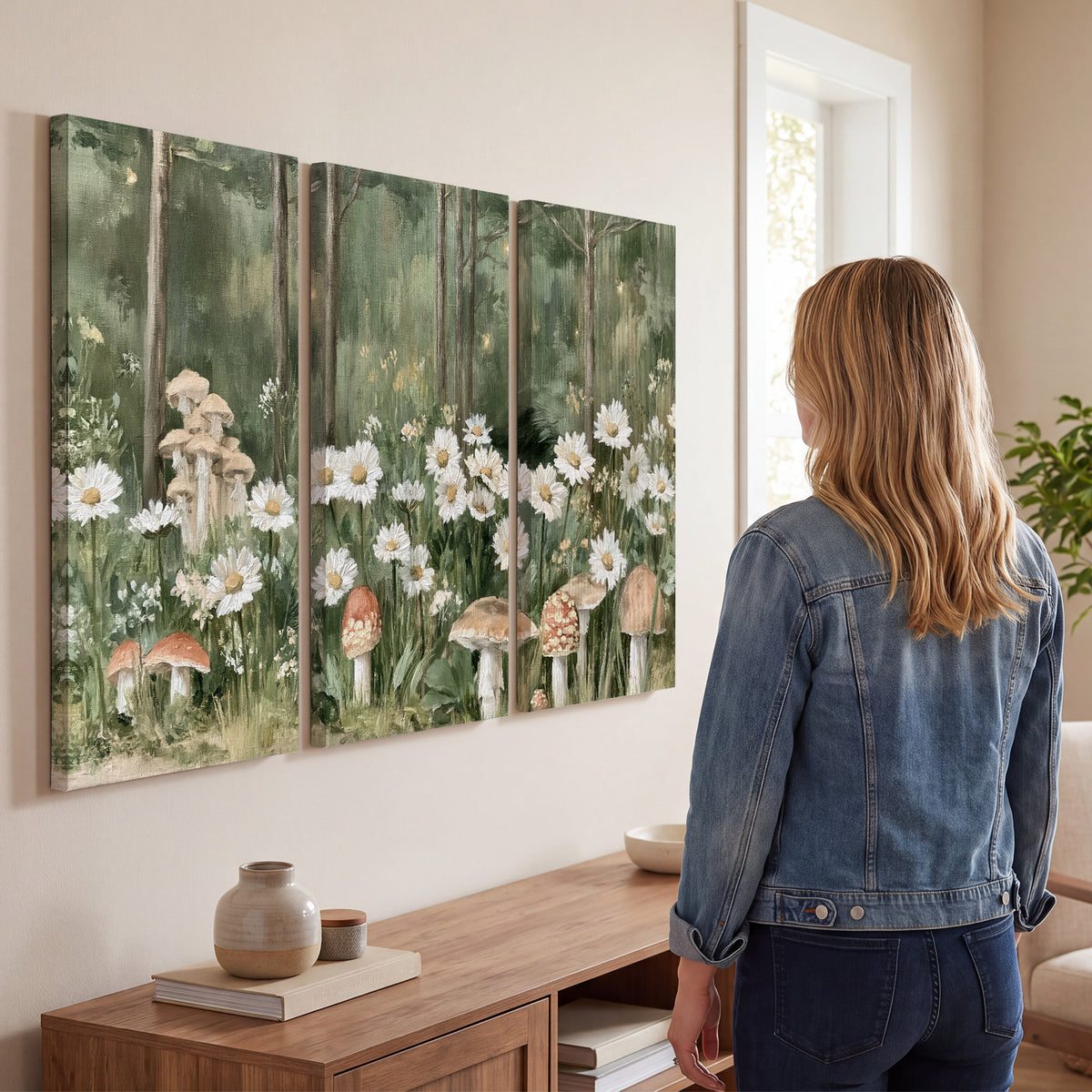 Pale pink mushrooms nestled among white daisies and tall green woodland grasses 3 piece canvas wall art three panel arrangement on a wall