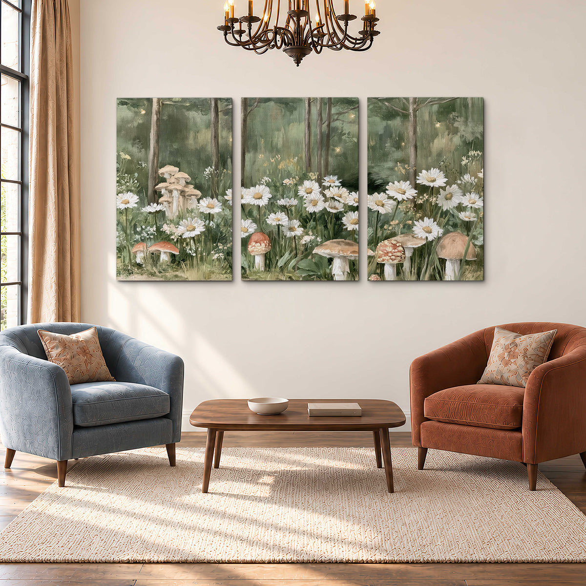 Pale pink mushrooms nestled among white daisies and tall green woodland grasses 3 piece canvas wall art styled in an interior