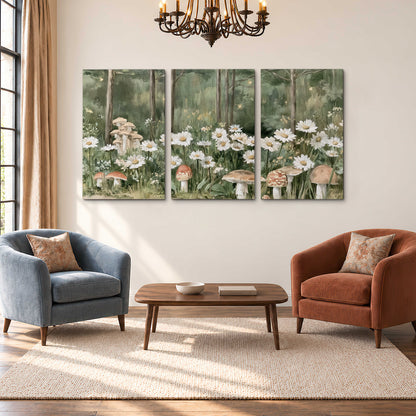 Pale pink mushrooms nestled among white daisies and tall green woodland grasses 3 piece canvas wall art styled in an interior