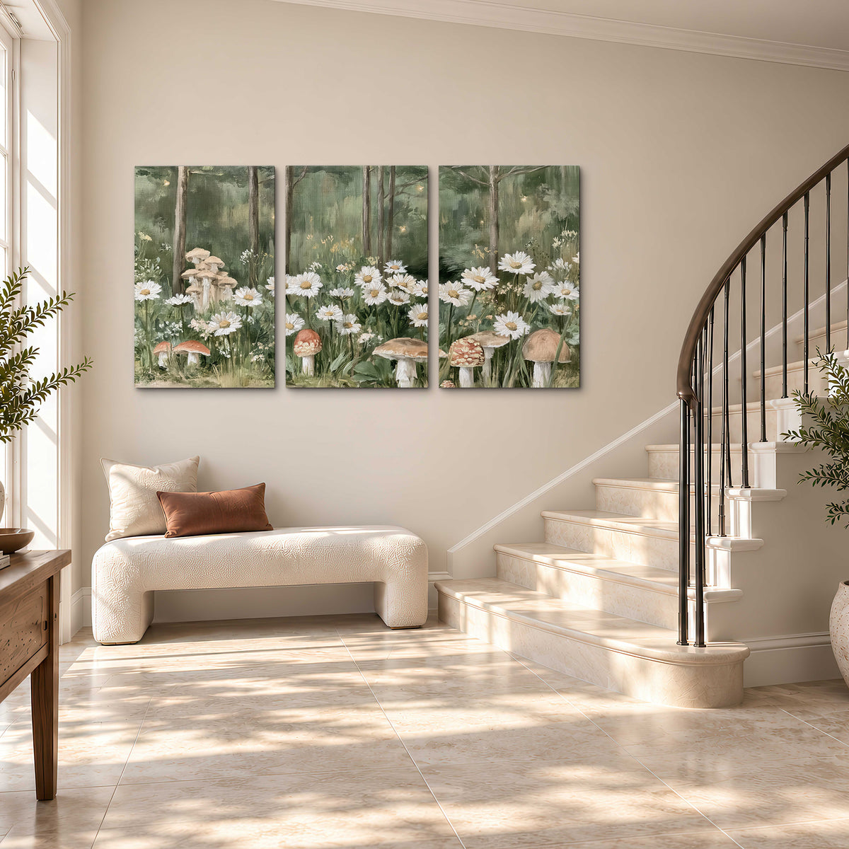 Pale pink mushrooms nestled among white daisies and tall green woodland grasses 3 piece canvas wall art styled in an interior