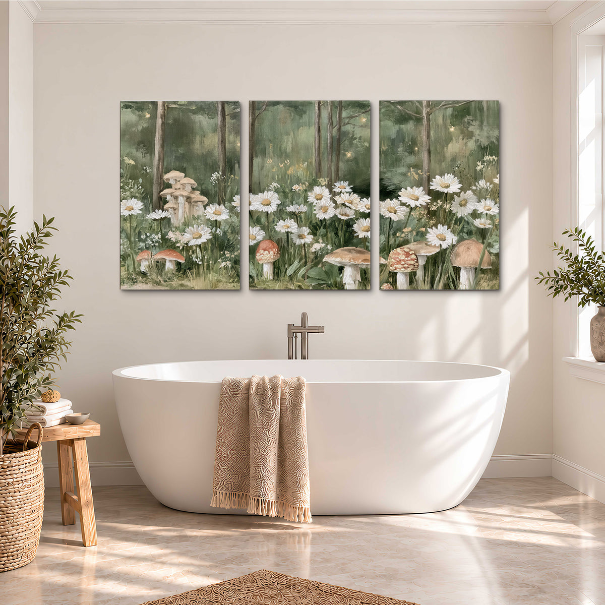 Pale pink mushrooms nestled among white daisies and tall green woodland grasses 3 piece canvas wall art styled in an interior