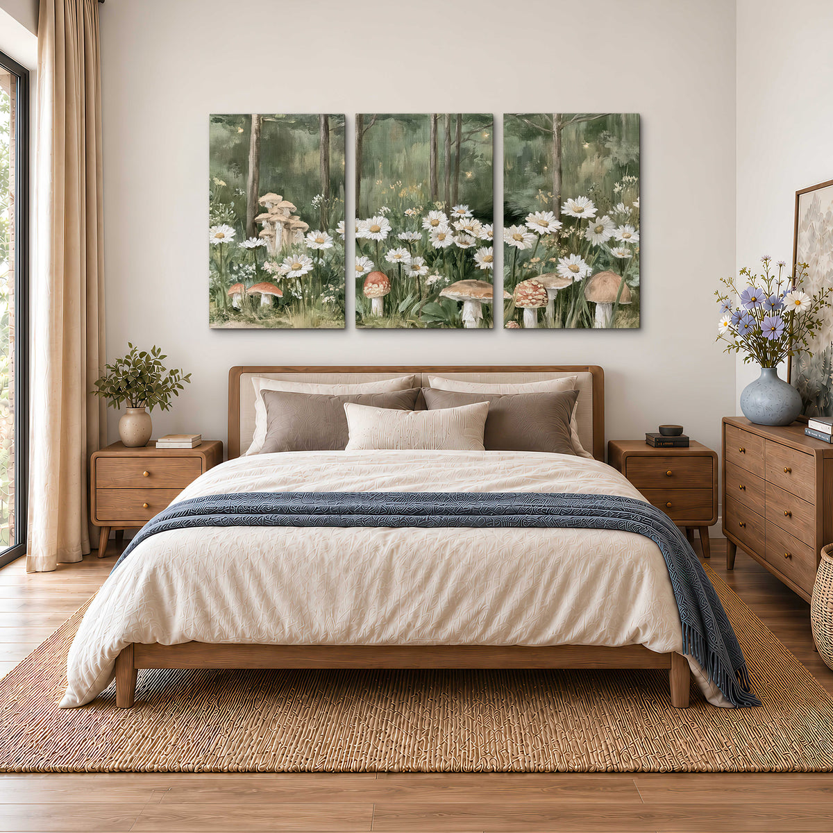 Pale pink mushrooms nestled among white daisies and tall green woodland grasses 3 piece canvas wall art styled in an interior