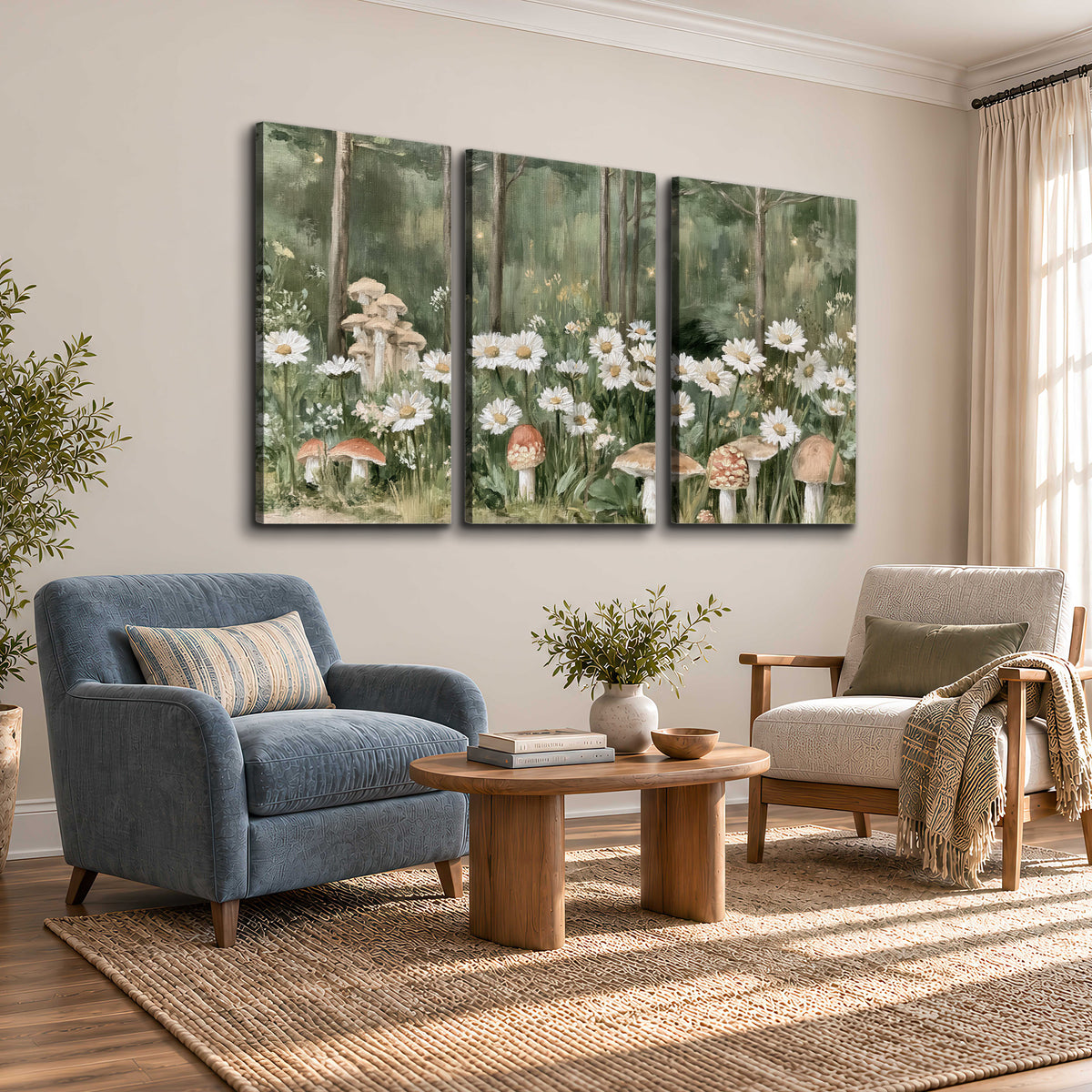 Pale pink mushrooms nestled among white daisies and tall green woodland grasses 3 piece canvas wall art styled in an interior