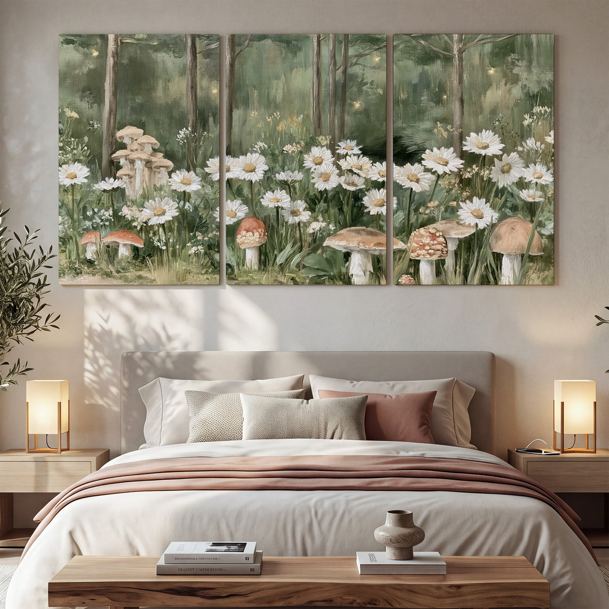 Pale pink mushrooms nestled among white daisies and tall green woodland grasses 3 piece canvas wall art displayed in a bedroom