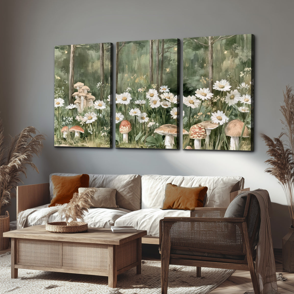 Pale pink mushrooms nestled among white daisies and tall green woodland grasses 3 piece canvas wall art displayed in a rustic living room
