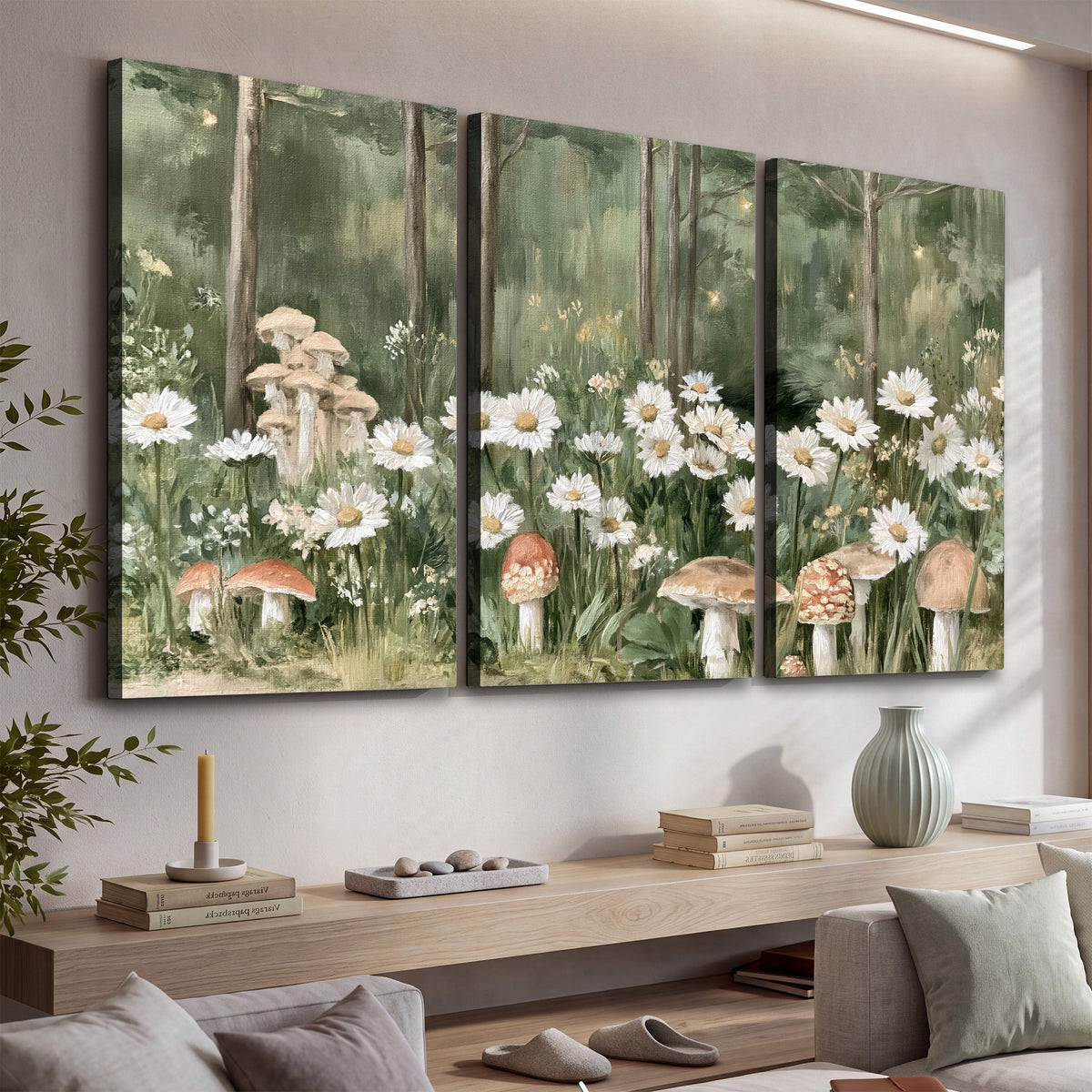 Pale pink mushrooms nestled among white daisies and tall green woodland grasses 3 piece canvas wall art displayed in a console