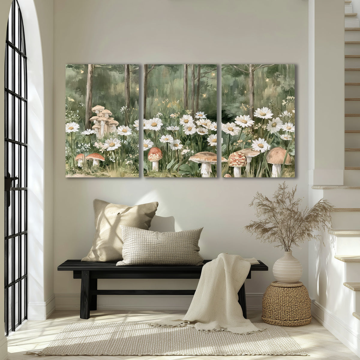 Pale pink mushrooms nestled among white daisies and tall green woodland grasses 3 piece canvas wall art displayed in a entryway
