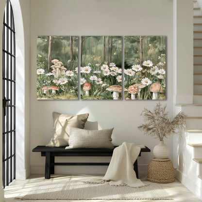 Pale pink mushrooms nestled among white daisies and tall green woodland grasses 3 piece canvas wall art displayed in a entryway