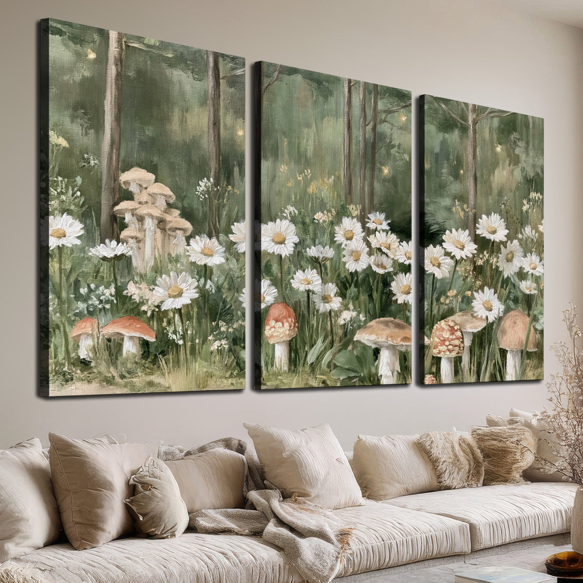 Pale pink mushrooms nestled among white daisies and tall green woodland grasses 3 piece canvas wall art room and product view