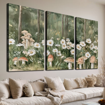 Pale pink mushrooms nestled among white daisies and tall green woodland grasses 3 piece canvas wall art room and product view