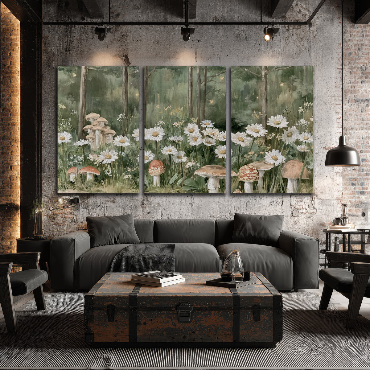 Pale pink mushrooms nestled among white daisies and tall green woodland grasses 3 piece canvas wall art displayed in a industrial room