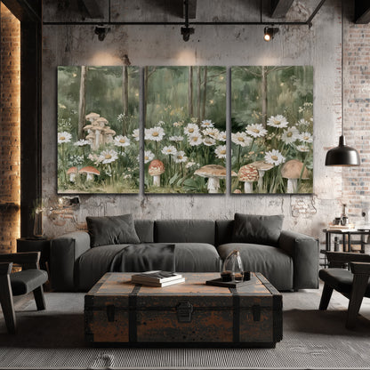 Pale pink mushrooms nestled among white daisies and tall green woodland grasses 3 piece canvas wall art displayed in a industrial room