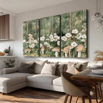 Pale pink mushrooms nestled among white daisies and tall green woodland grasses 3 piece canvas wall art room and product view