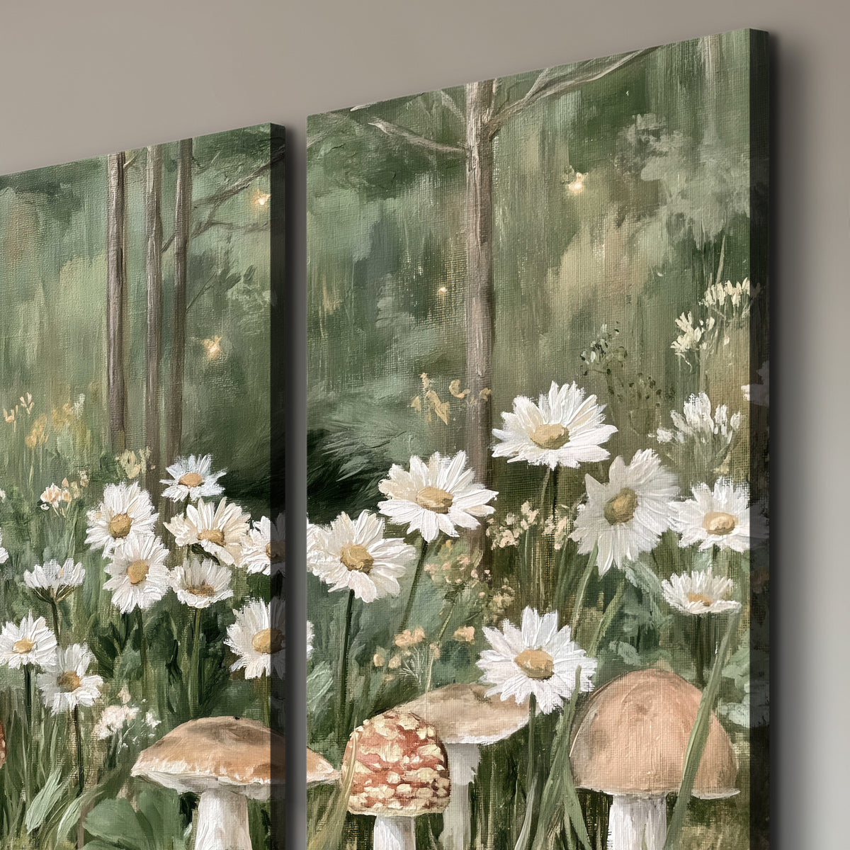 Pale pink mushrooms nestled among white daisies and tall green woodland grasses 3 piece canvas wall art room and product view