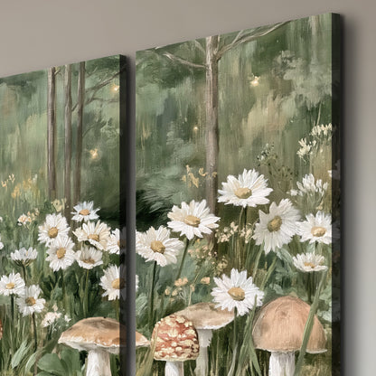 Pale pink mushrooms nestled among white daisies and tall green woodland grasses 3 piece canvas wall art room and product view