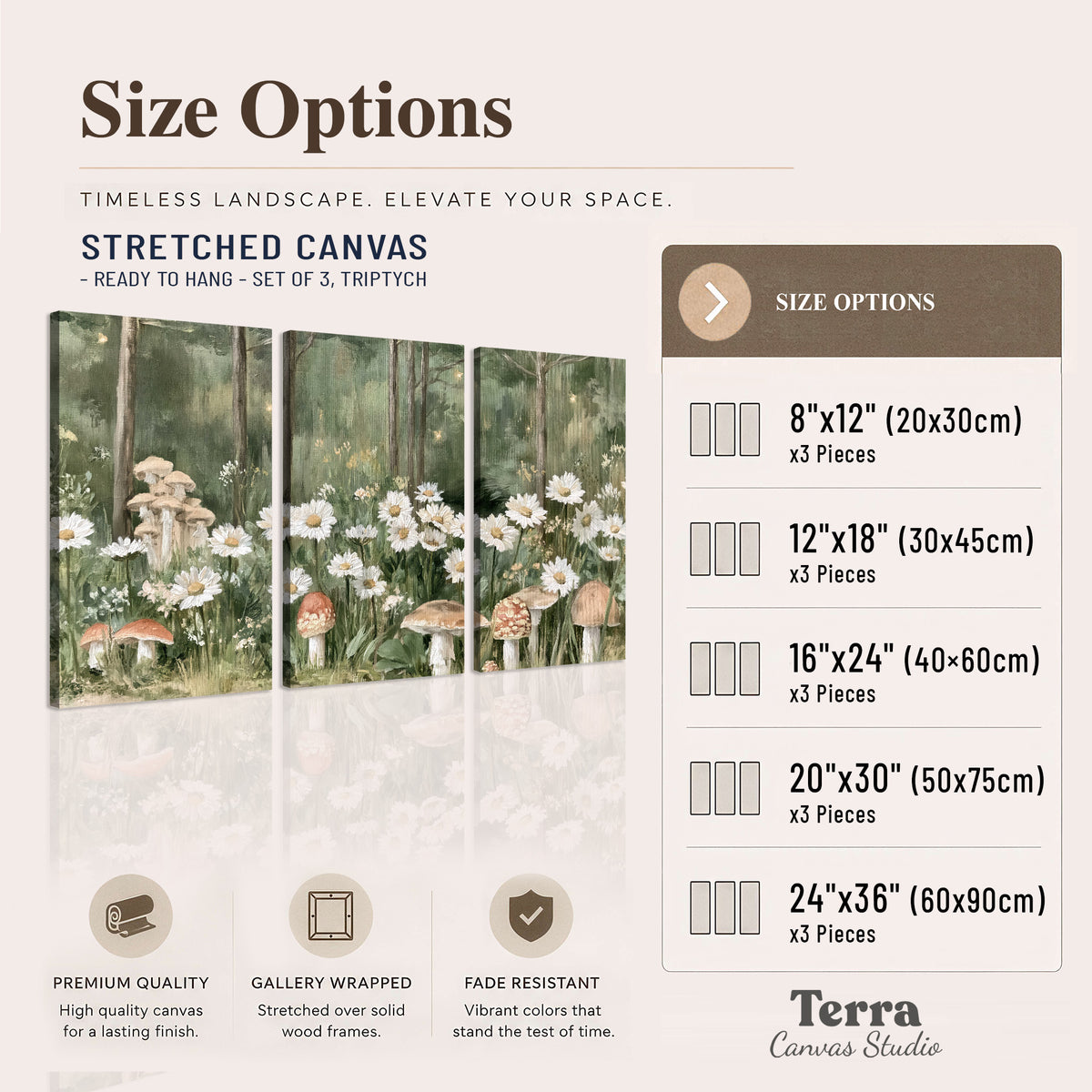 Pale pink mushrooms nestled among white daisies and tall green woodland grasses 3 piece canvas wall art available dimensions; triptych dimensions are per panel