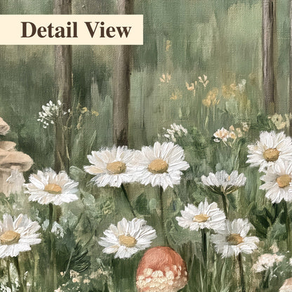 Pale pink mushrooms nestled among white daisies and tall green woodland grasses 3 piece canvas wall art artwork detail close up
