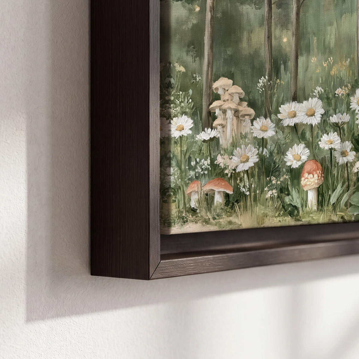 Pale pink mushrooms nestled among white daisies and tall green woodland grasses 3 piece framed canvas wall art material and edge close up