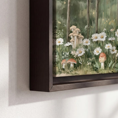 Pale pink mushrooms nestled among white daisies and tall green woodland grasses 3 piece framed canvas wall art material and edge close up