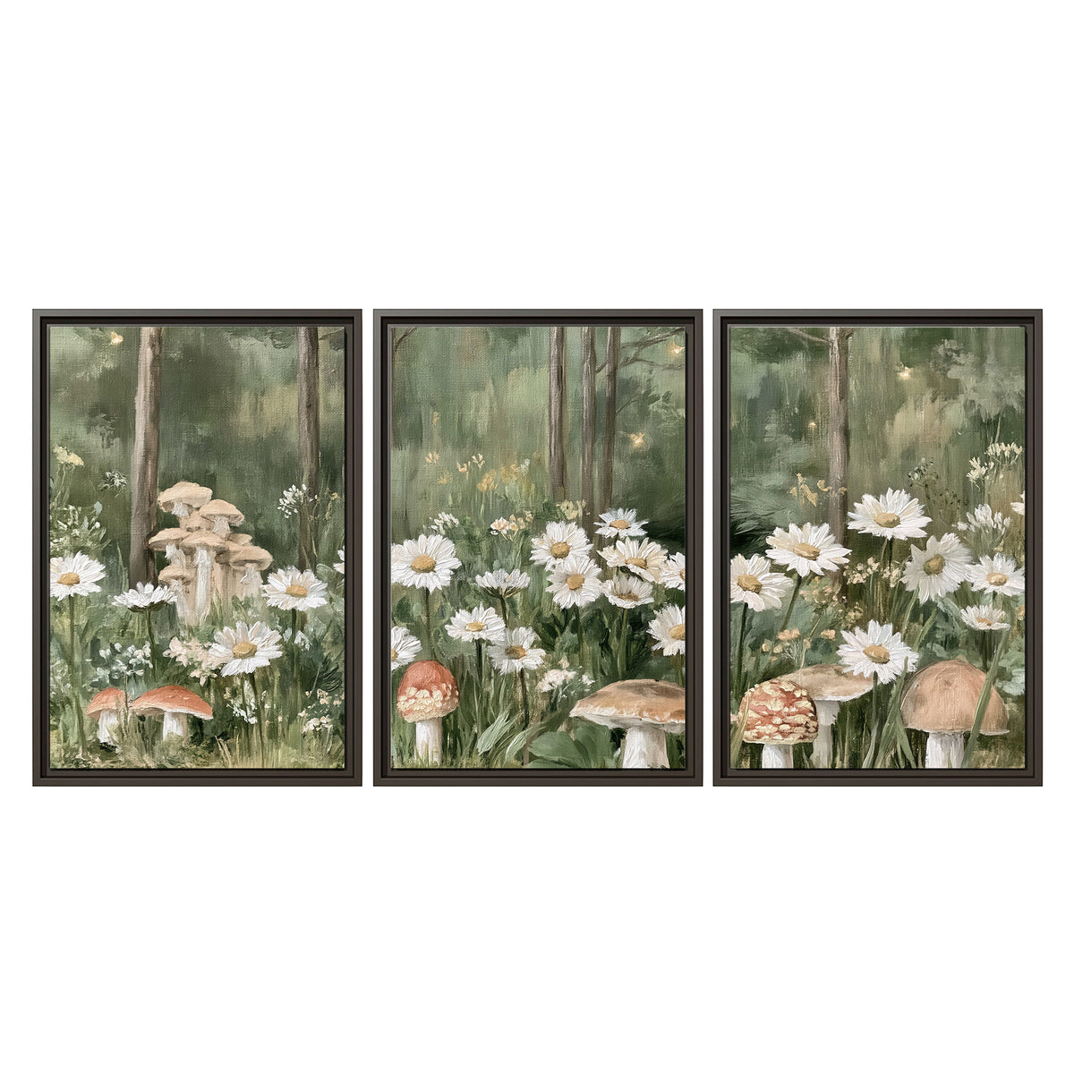 Pale pink mushrooms nestled among white daisies and tall green woodland grasses 3 piece framed canvas wall art viewed straight on