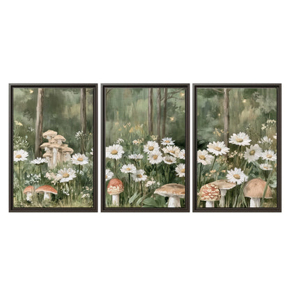 Pale pink mushrooms nestled among white daisies and tall green woodland grasses 3 piece framed canvas wall art viewed straight on