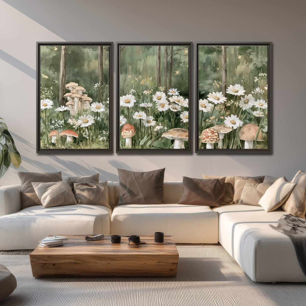 Pale pink mushrooms nestled among white daisies and tall green woodland grasses 3 piece framed canvas wall art displayed in a living room