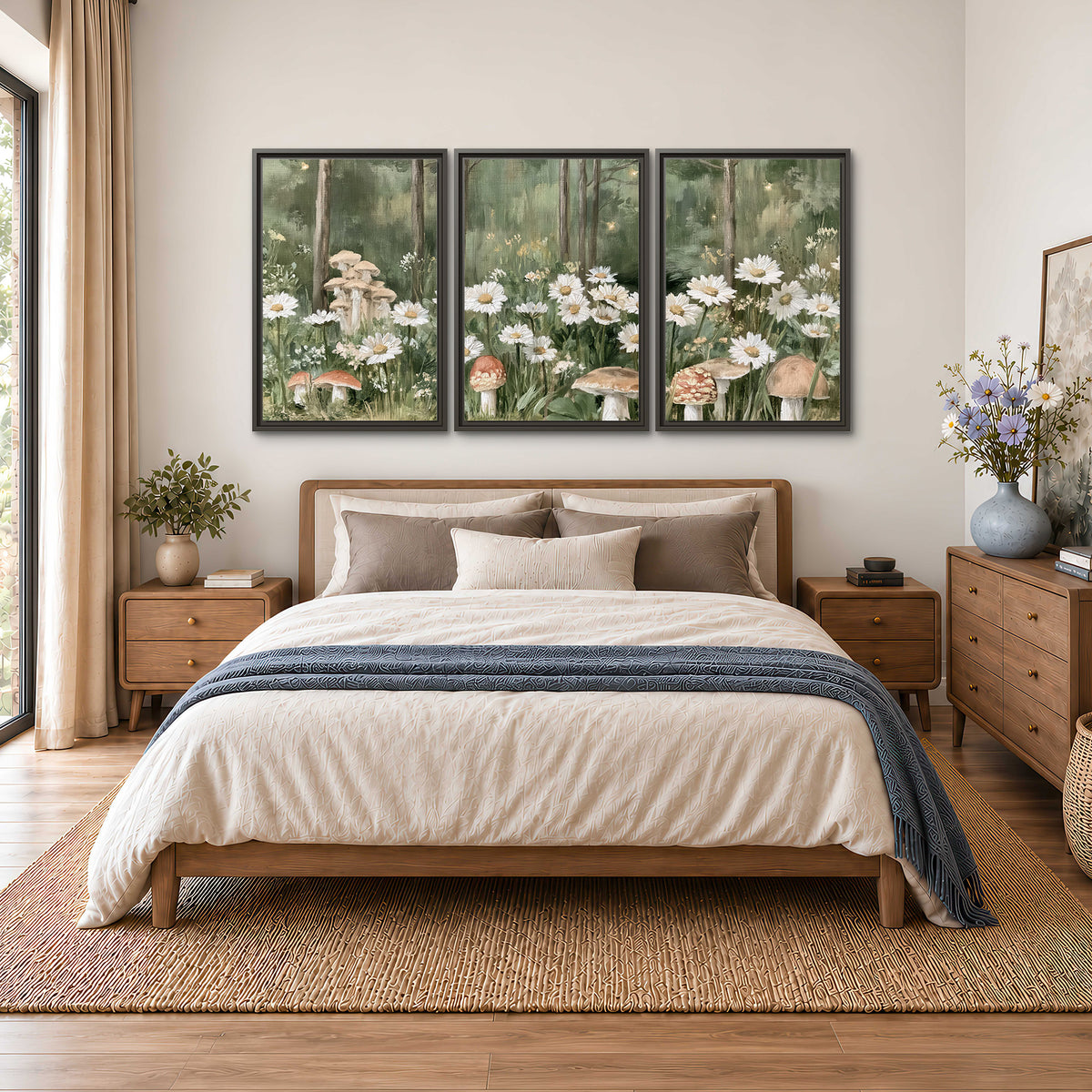 Pale pink mushrooms nestled among white daisies and tall green woodland grasses 3 piece framed canvas wall art styled in an interior
