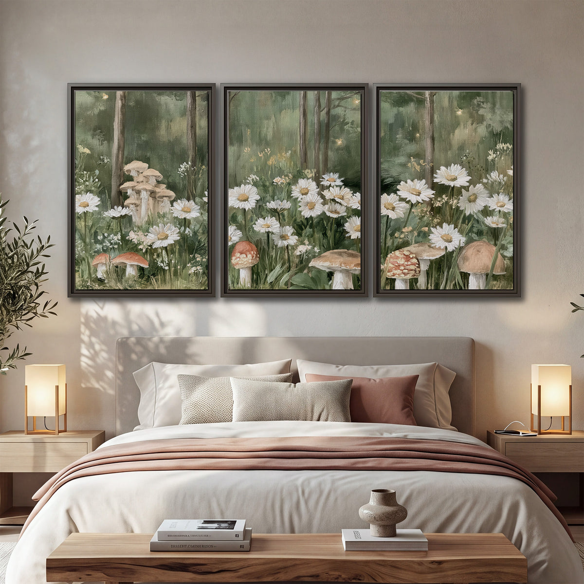 Pale pink mushrooms nestled among white daisies and tall green woodland grasses 3 piece framed canvas wall art displayed in a bedroom