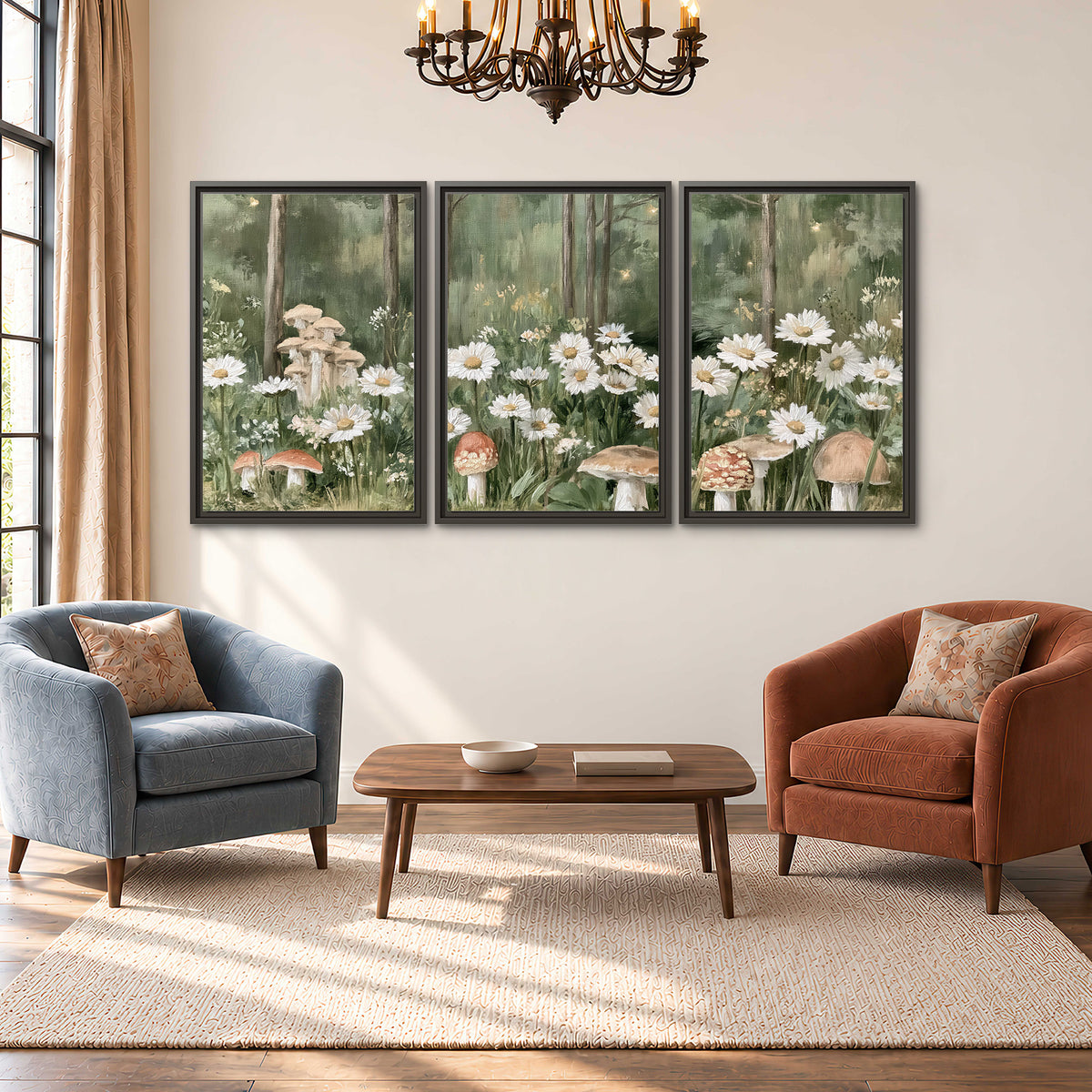 Pale pink mushrooms nestled among white daisies and tall green woodland grasses 3 piece framed canvas wall art styled in an interior