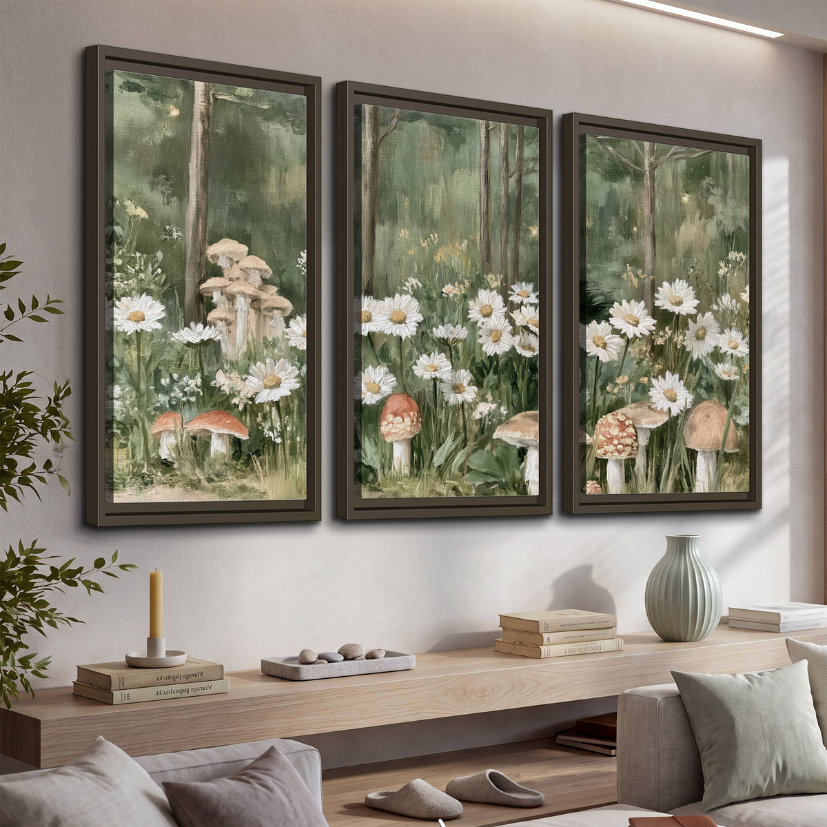 Pale pink mushrooms nestled among white daisies and tall green woodland grasses 3 piece framed canvas wall art displayed in a console