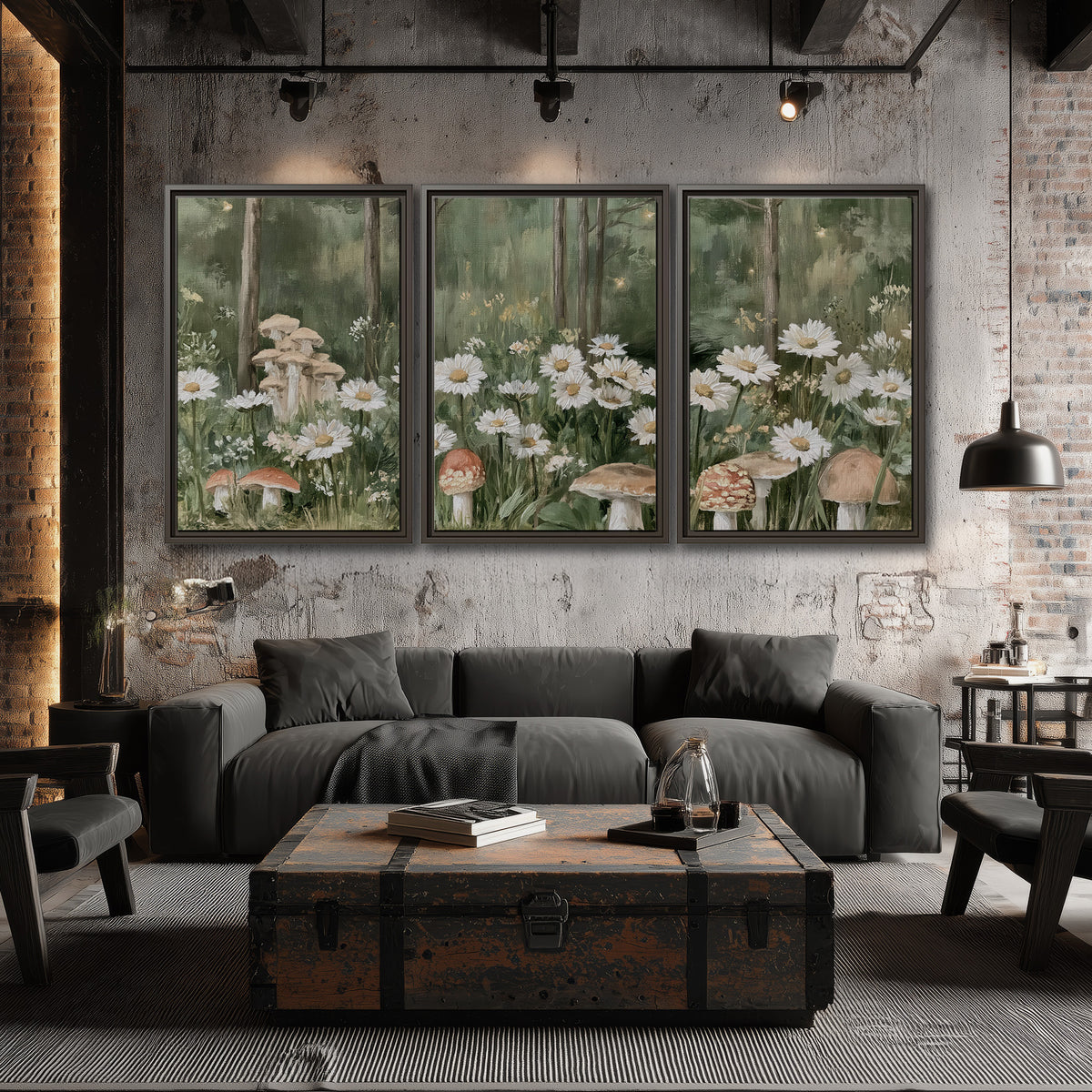 Pale pink mushrooms nestled among white daisies and tall green woodland grasses 3 piece framed canvas wall art displayed in a industrial room