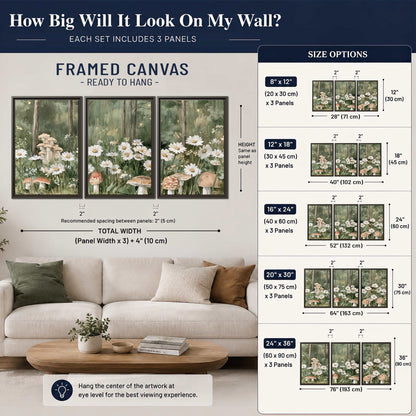 Pale pink mushrooms nestled among white daisies and tall green woodland grasses 3 piece framed canvas wall art size guide above a sofa; room view is illustrative
