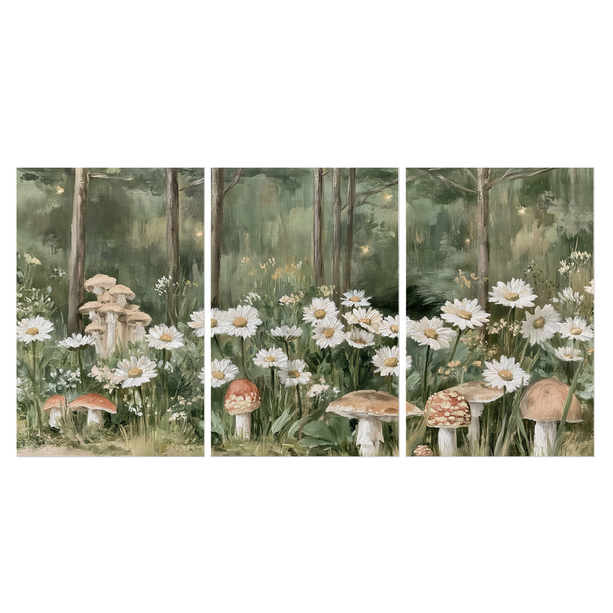 Pale pink mushrooms nestled among white daisies and tall green woodland grasses set of 3 poster prints viewed straight on