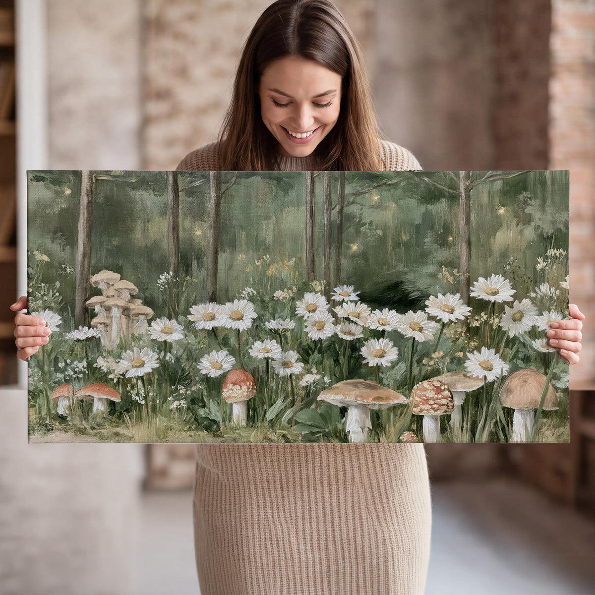 Pale pink mushrooms nestled among white daisies and tall green woodland grasses single canvas wall art held in hands