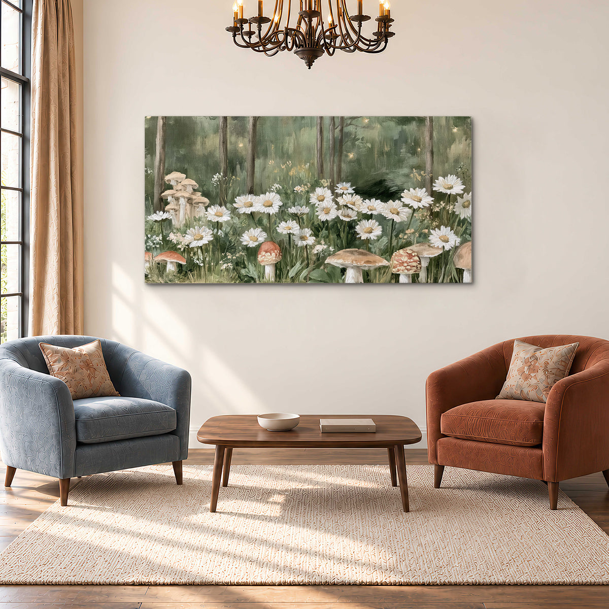 Pale pink mushrooms nestled among white daisies and tall green woodland grasses single canvas wall art styled in an interior