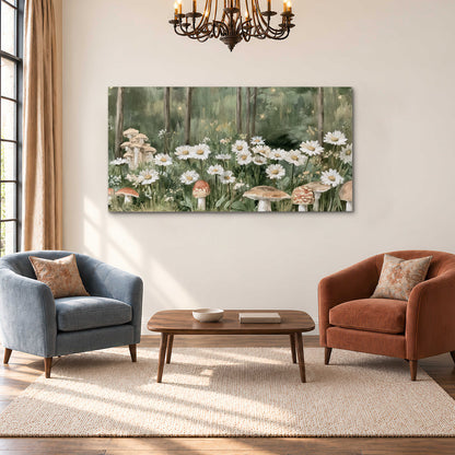 Pale pink mushrooms nestled among white daisies and tall green woodland grasses single canvas wall art styled in an interior
