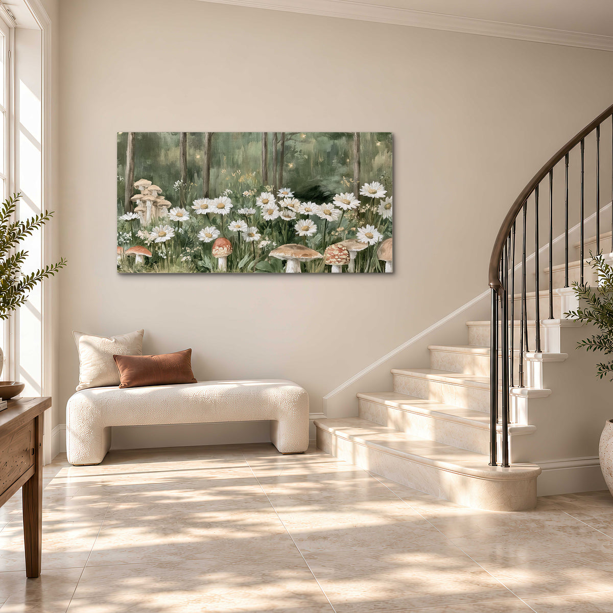Pale pink mushrooms nestled among white daisies and tall green woodland grasses single canvas wall art styled in an interior