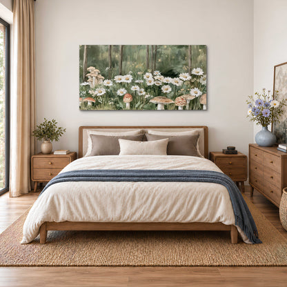 Pale pink mushrooms nestled among white daisies and tall green woodland grasses single canvas wall art styled in an interior