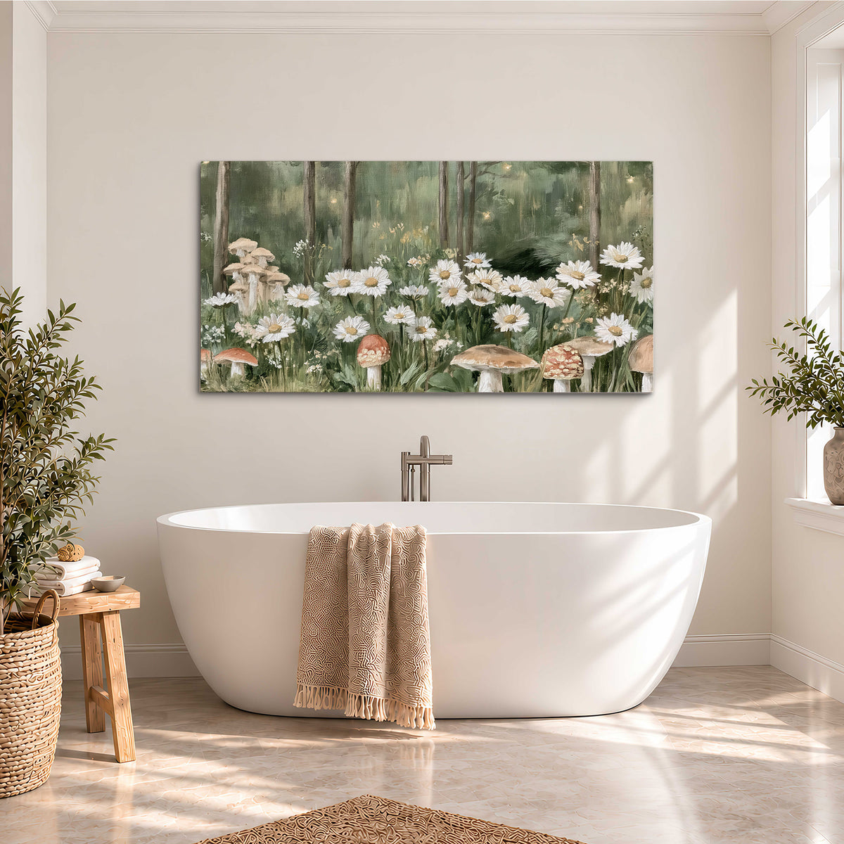 Pale pink mushrooms nestled among white daisies and tall green woodland grasses single canvas wall art styled in an interior