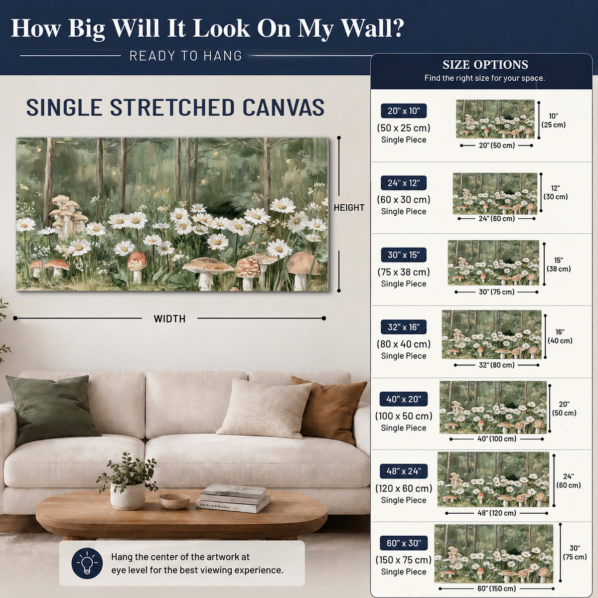 Pale pink mushrooms nestled among white daisies and tall green woodland grasses single canvas wall art size guide above a sofa; room view is illustrative