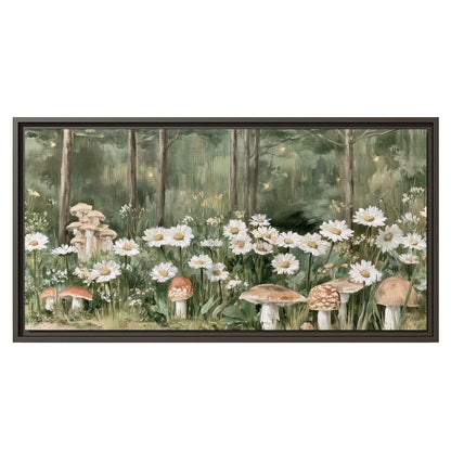 Pale pink mushrooms nestled among white daisies and tall green woodland grasses single framed canvas wall art viewed straight on