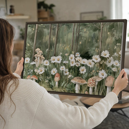 Pale pink mushrooms nestled among white daisies and tall green woodland grasses single framed canvas wall art held in hands