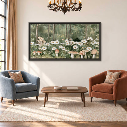 Pale pink mushrooms nestled among white daisies and tall green woodland grasses single framed canvas wall art styled in an interior