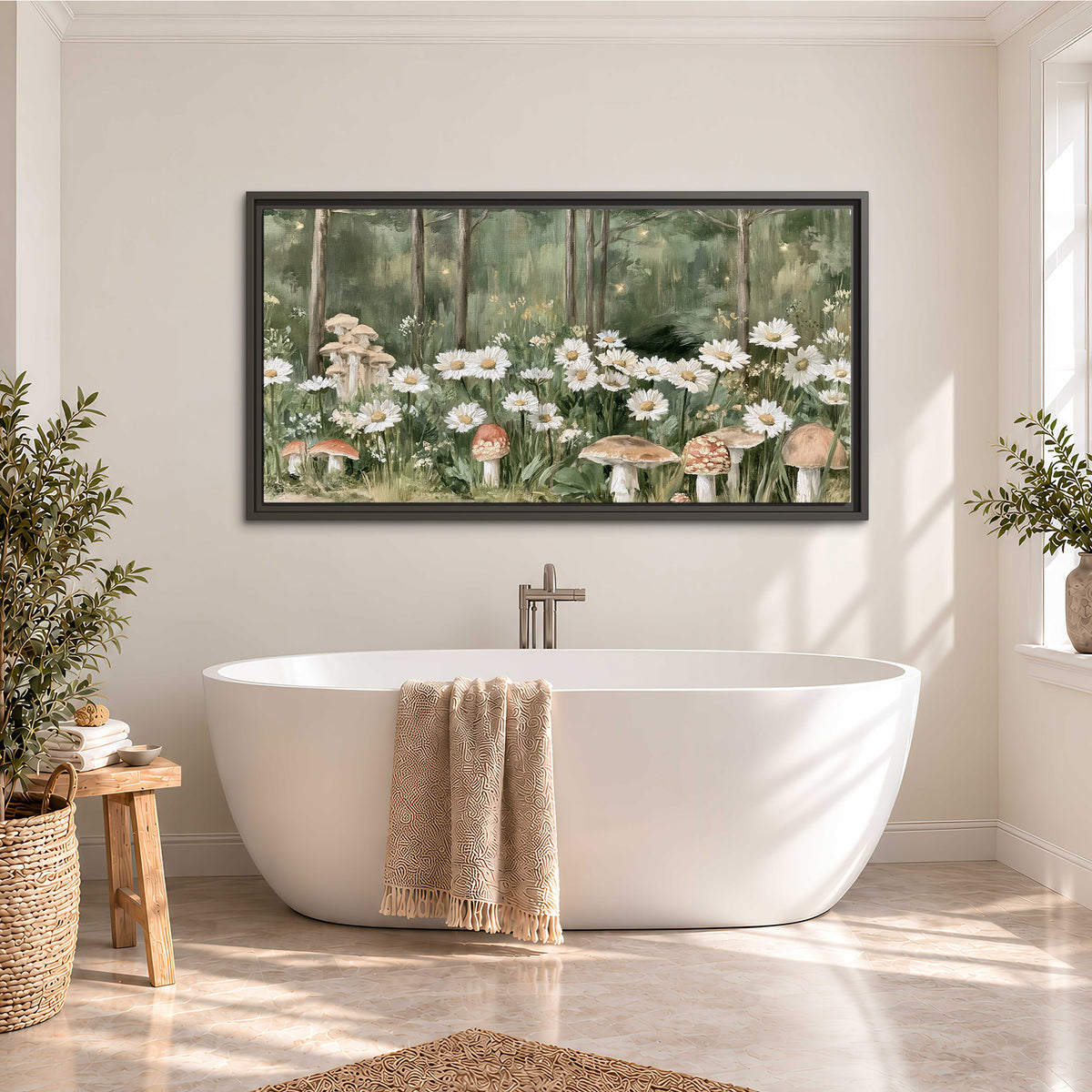 Pale pink mushrooms nestled among white daisies and tall green woodland grasses single framed canvas wall art styled in an interior