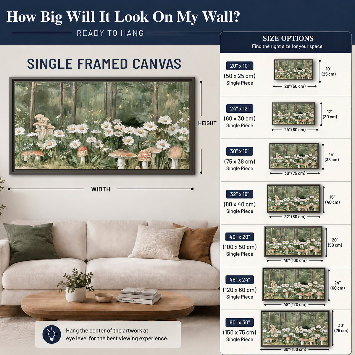 Pale pink mushrooms nestled among white daisies and tall green woodland grasses single framed canvas wall art size guide above a sofa; room view is illustrative
