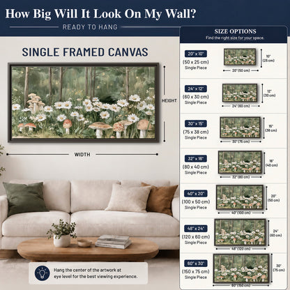 Pale pink mushrooms nestled among white daisies and tall green woodland grasses single framed canvas wall art size guide above a sofa; room view is illustrative