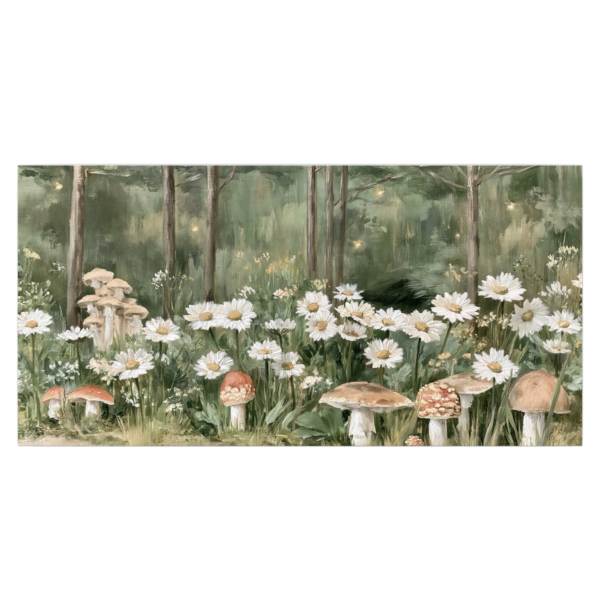 Pale pink mushrooms nestled among white daisies and tall green woodland grasses single poster print viewed straight on