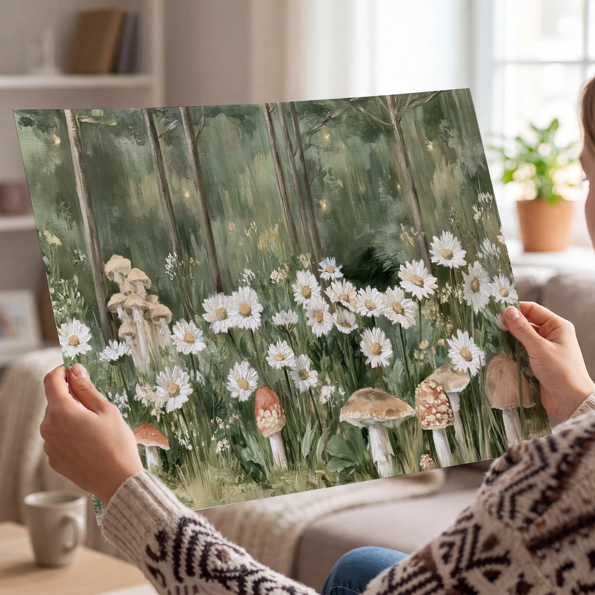 Pale pink mushrooms nestled among white daisies and tall green woodland grasses single poster print held in hands